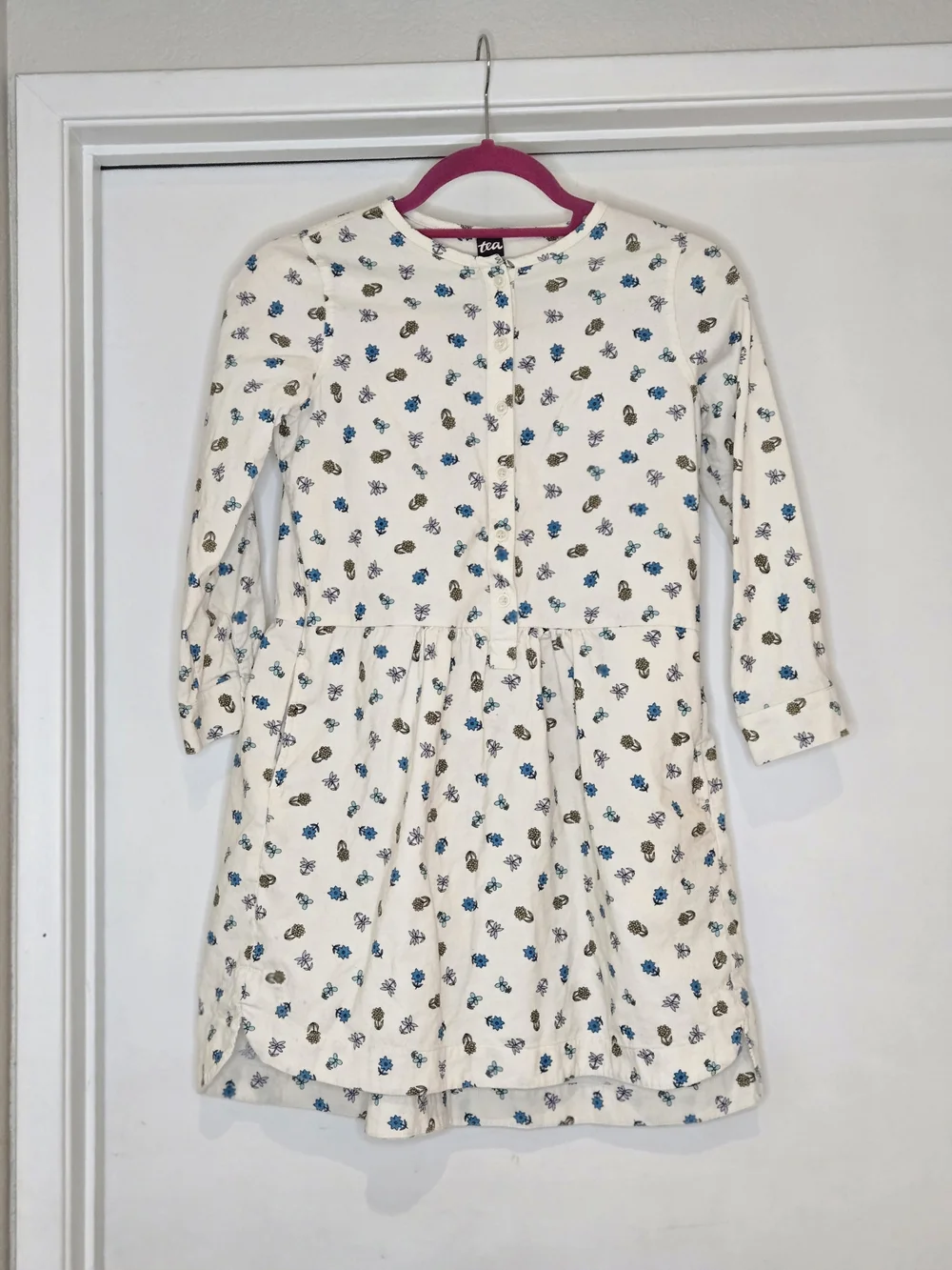 Tea Collection Cream Floral Long-Sleeve Corduroy Girls' Dress, Size 10